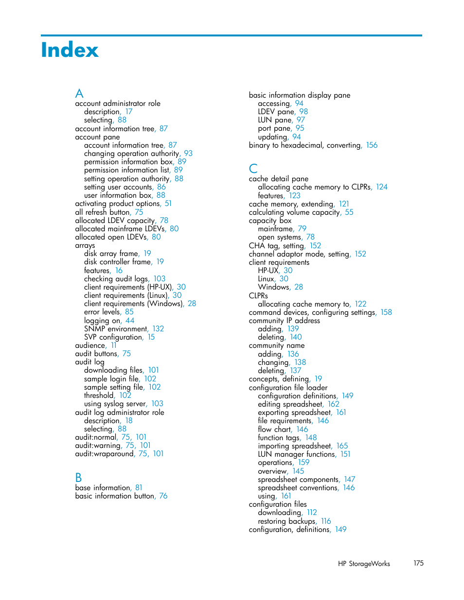 Index | HP StorageWorks XP10000 Disk Array User Manual | Page 175 / 178