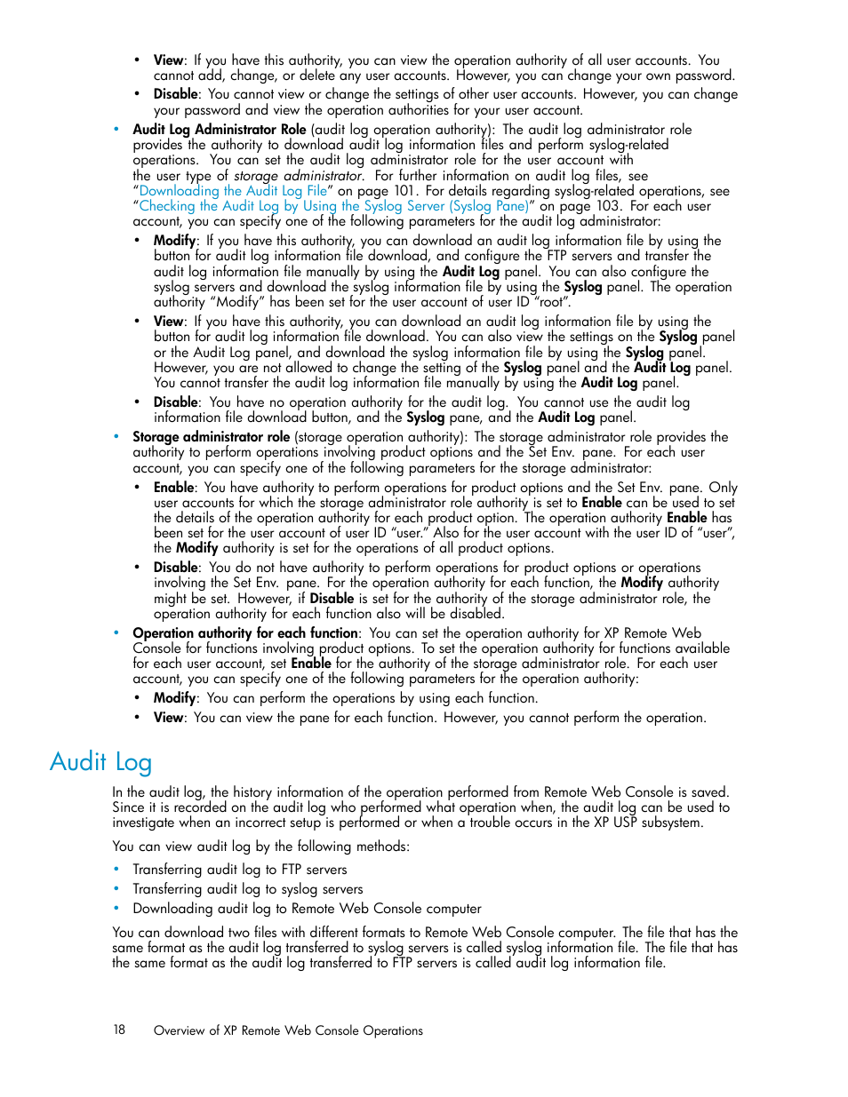 Audit log | HP StorageWorks XP10000 Disk Array User Manual | Page 18 / 178