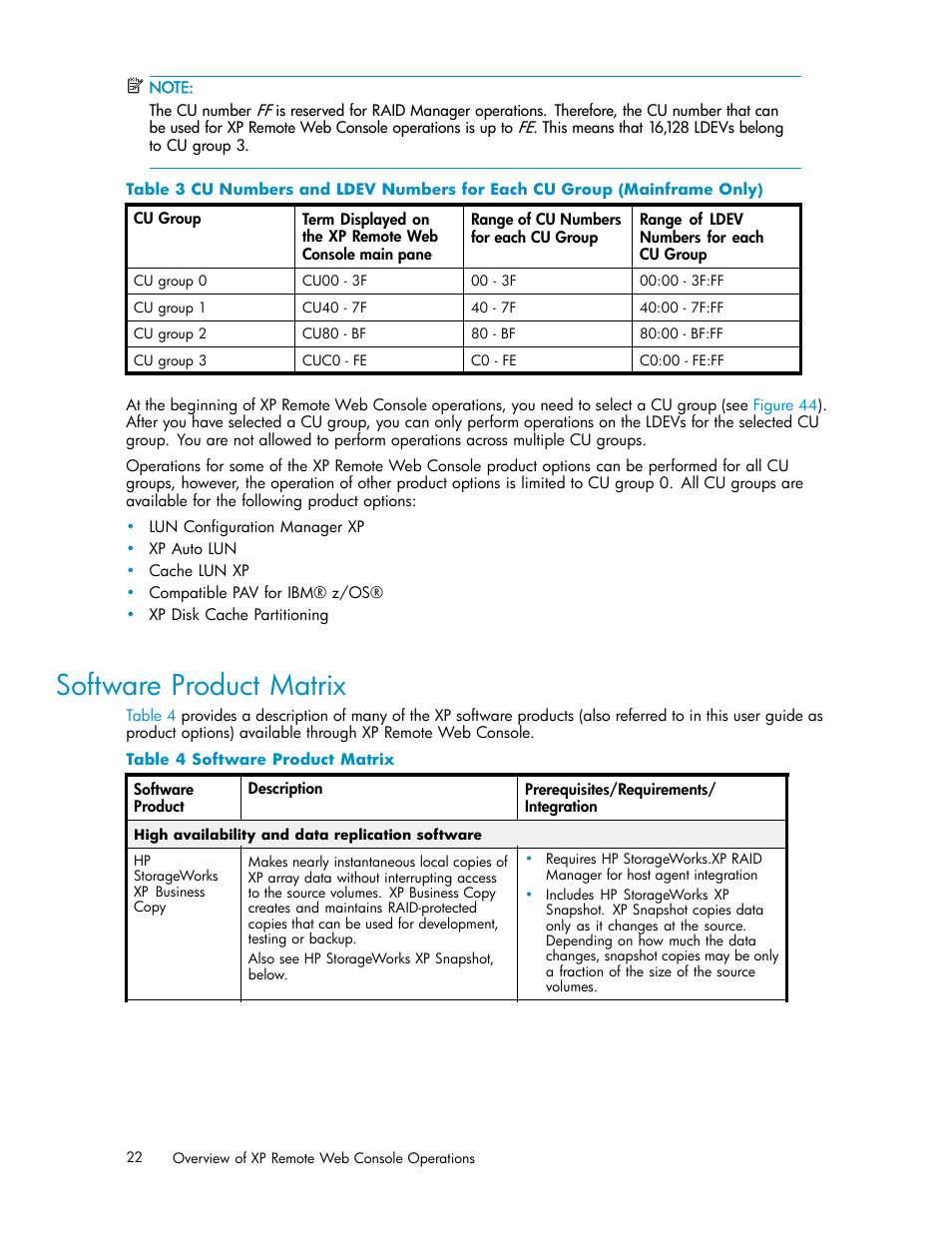 Software product matrix | HP StorageWorks XP10000 Disk Array User Manual | Page 22 / 178