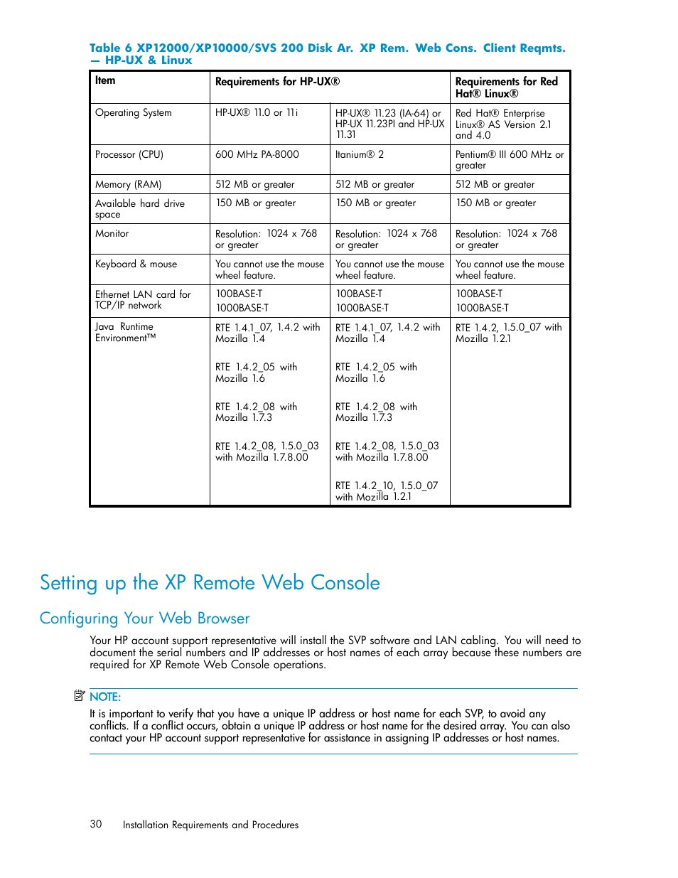 Setting up the xp remote web console, Conﬁguring your web browser, Table 6 | HP StorageWorks XP10000 Disk Array User Manual | Page 30 / 178