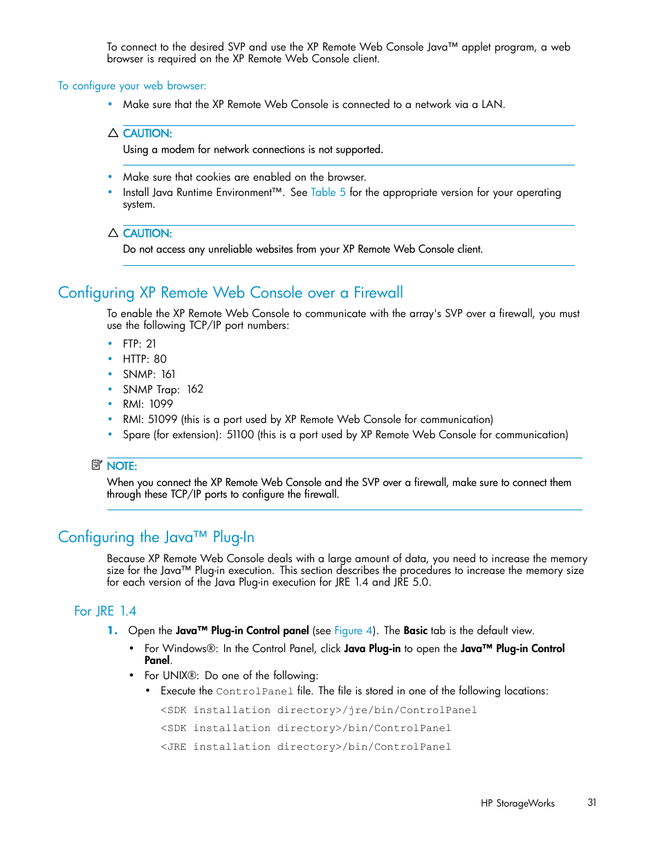 Conﬁguring xp remote webconsole over afi, Conﬁguring the java™ plug-in, For jre 1.4 | Conﬁguring xp remote web console over a firewall | HP StorageWorks XP10000 Disk Array User Manual | Page 31 / 178