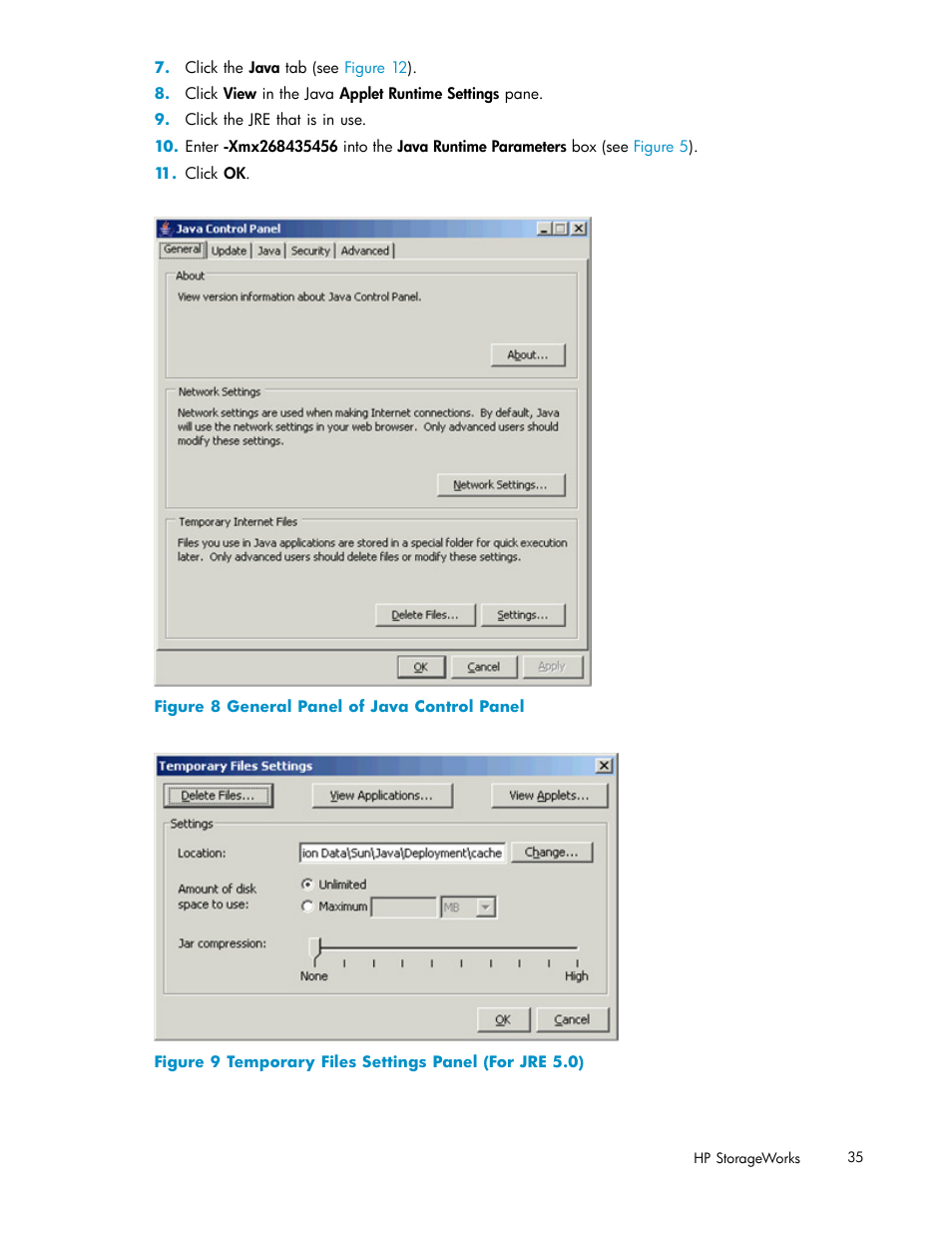 General panel of java control panel, Temporary files settings panel (for jre 5.0), Figure 8 | HP StorageWorks XP10000 Disk Array User Manual | Page 35 / 178