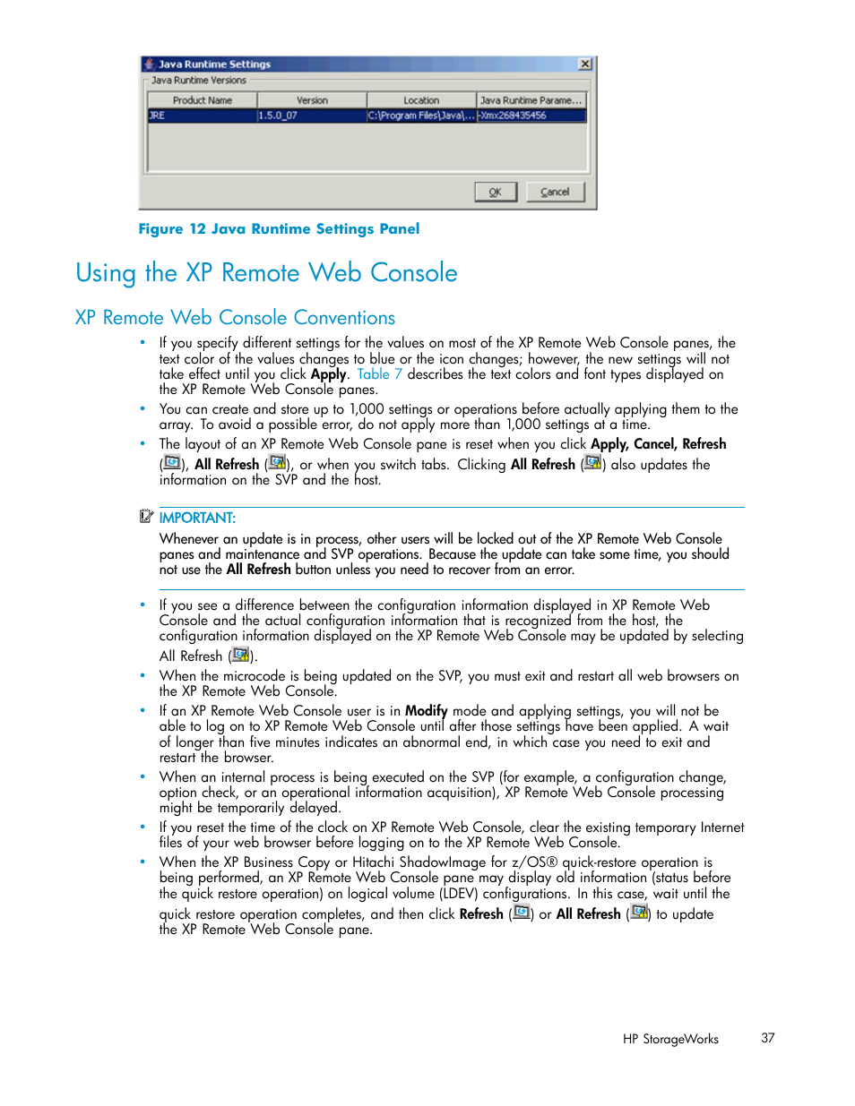 Using the xp remote web console, Xp remote web console conventions, Java runtime settings panel | HP StorageWorks XP10000 Disk Array User Manual | Page 37 / 178