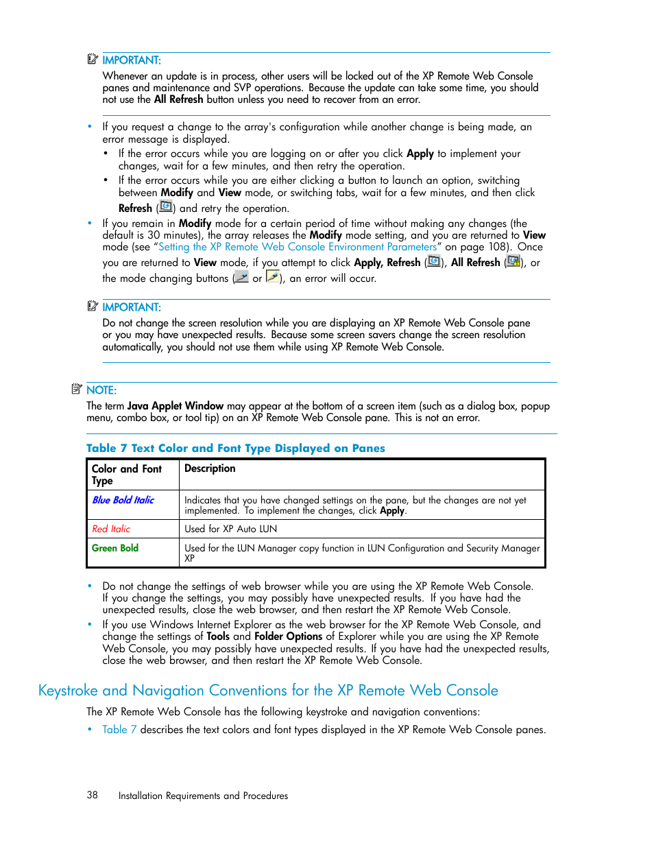 Keystroke and navigation conventions for, Text color and font type displayed on panes | HP StorageWorks XP10000 Disk Array User Manual | Page 38 / 178