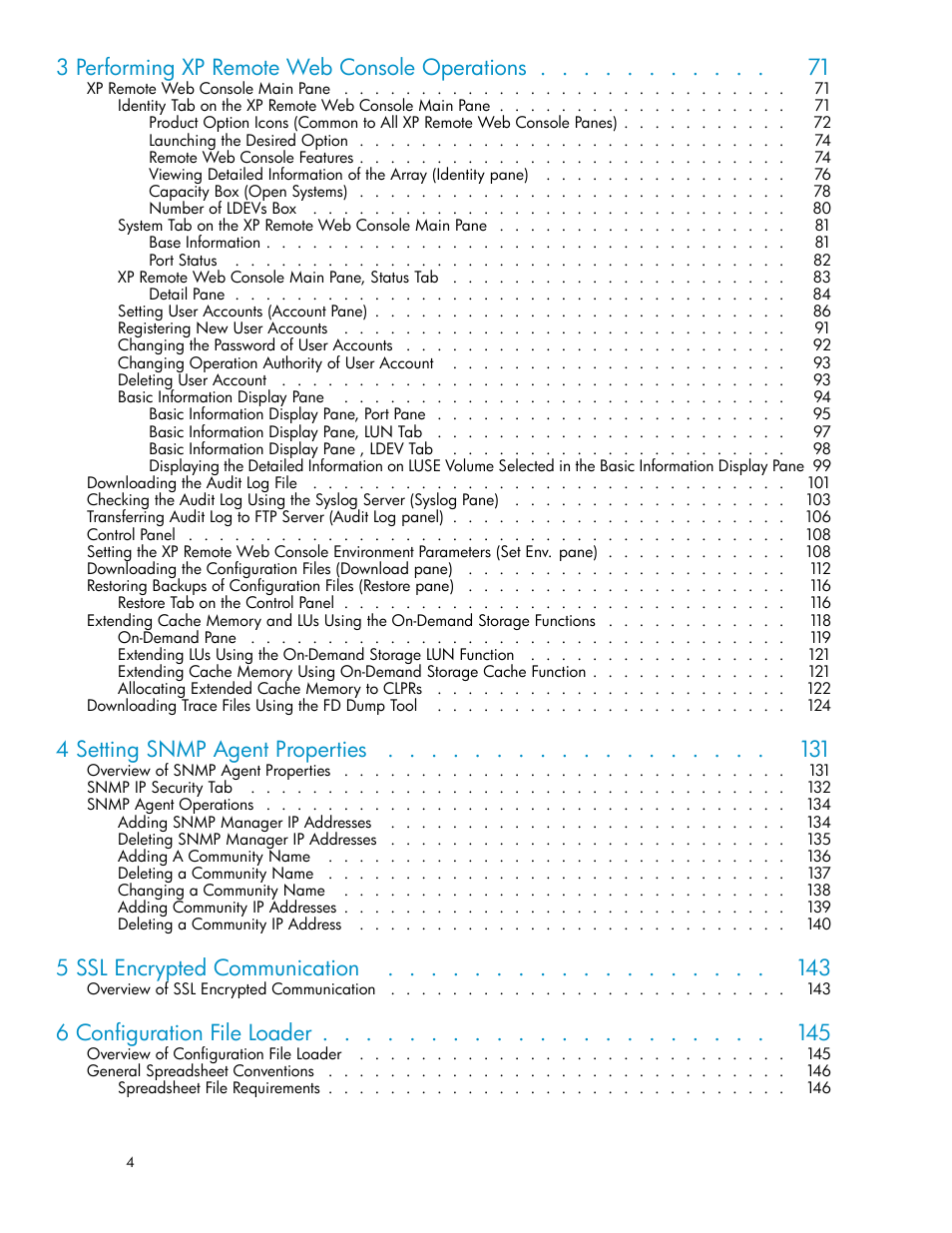 3 performing xp remote web console operations, 4 setting snmp agent properties, 5 ssl encrypted communication | 6 conﬁguration file loader | HP StorageWorks XP10000 Disk Array User Manual | Page 4 / 178