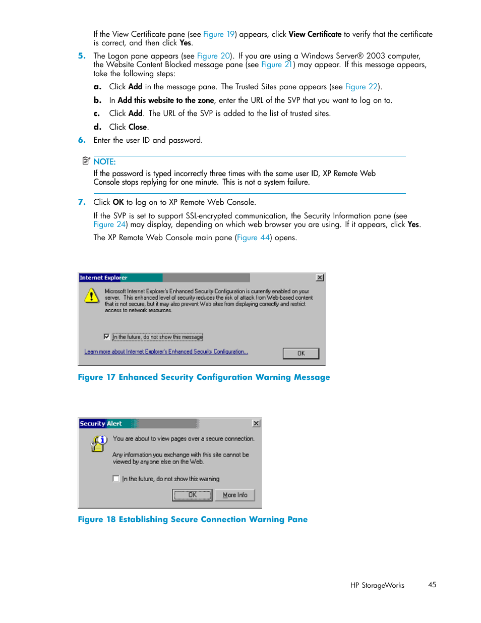 Enhanced security conﬁguration warning message, Establishing secure connection warning pane, Figure 17 | Figure 18 | HP StorageWorks XP10000 Disk Array User Manual | Page 45 / 178