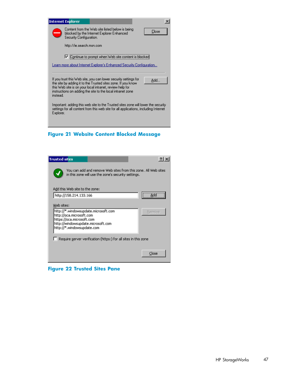 Website content blocked message, Trusted sites pane, Figure 21 | Figure 22 | HP StorageWorks XP10000 Disk Array User Manual | Page 47 / 178