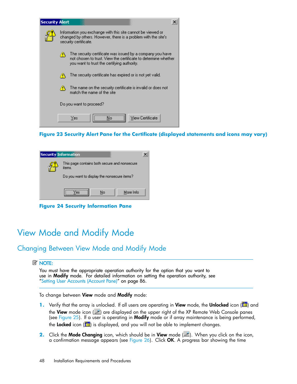 View mode and modify mode, Changing between view mode and modify mo, Changing between view mode and modify mode | Security information pane, Figure 24 | HP StorageWorks XP10000 Disk Array User Manual | Page 48 / 178