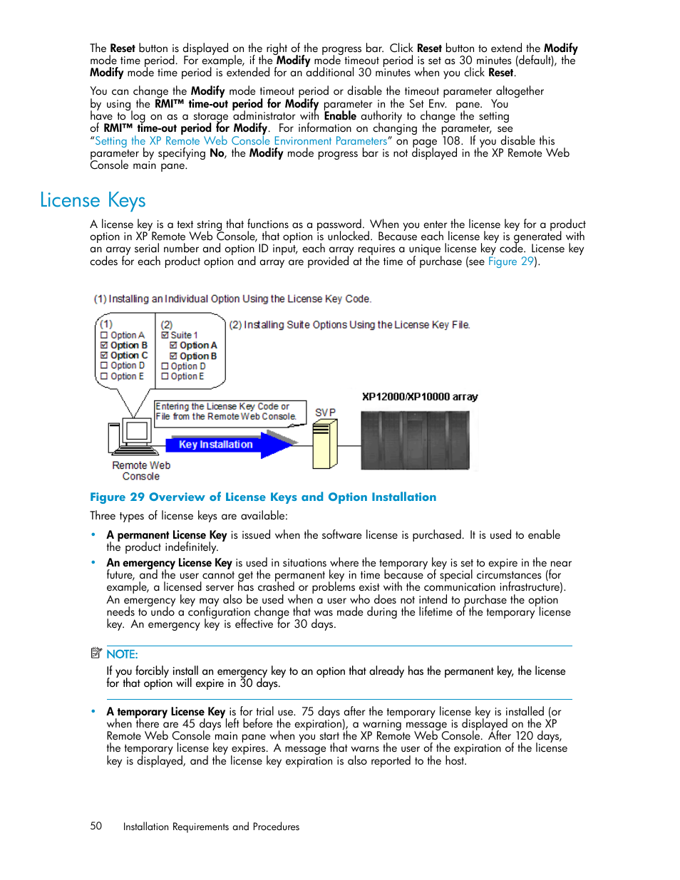 License keys, Overview of license keys and option installation | HP StorageWorks XP10000 Disk Array User Manual | Page 50 / 178