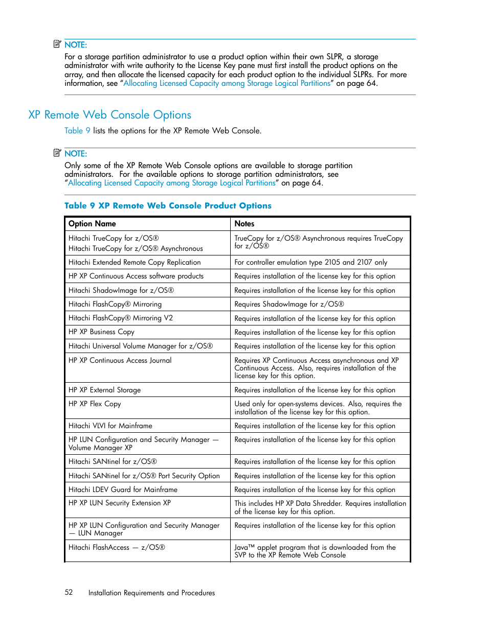 Xp remote web console options, Xp remote web console product options, Table 9 | HP StorageWorks XP10000 Disk Array User Manual | Page 52 / 178