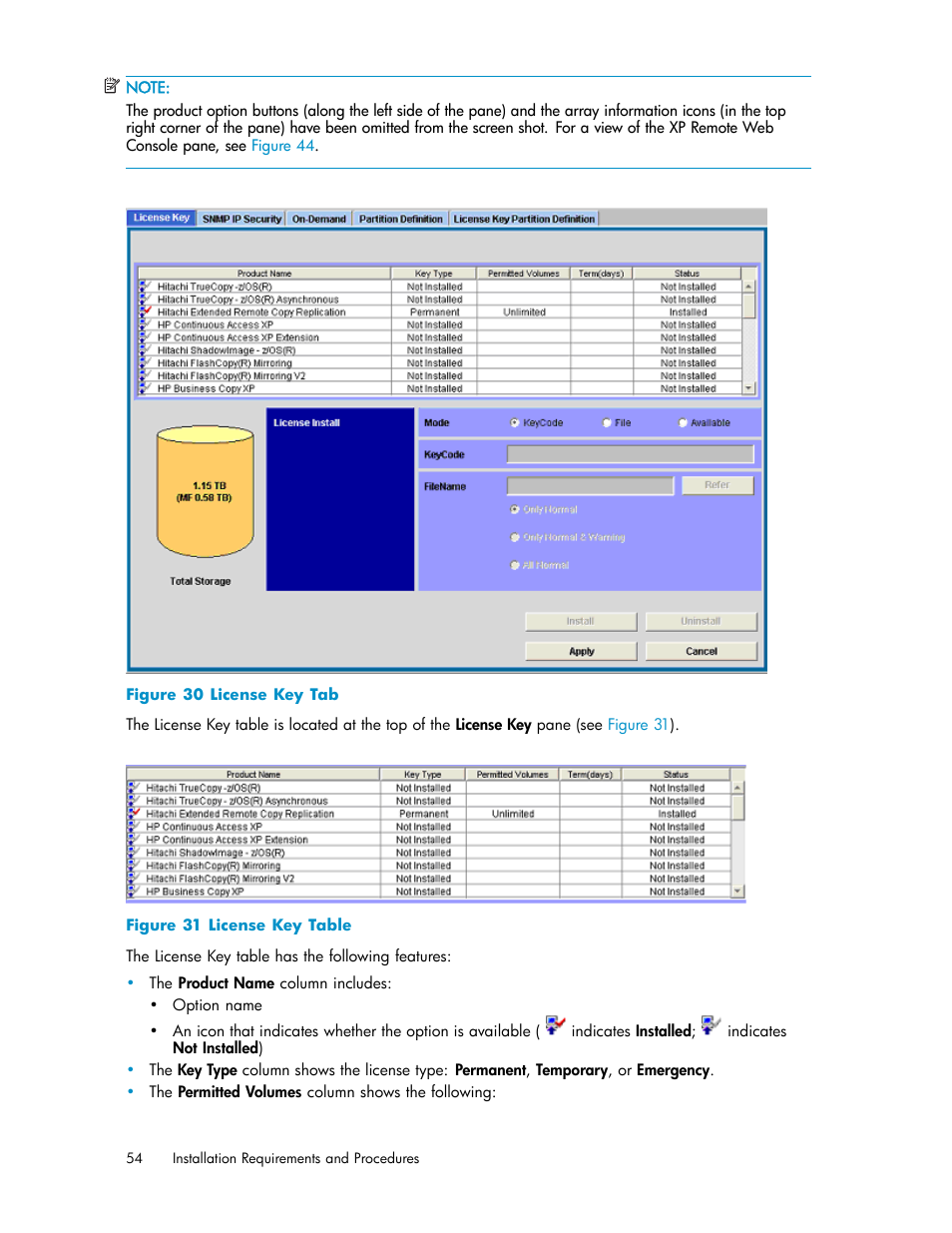 License key tab, License key table, Figure 30 | HP StorageWorks XP10000 Disk Array User Manual | Page 54 / 178