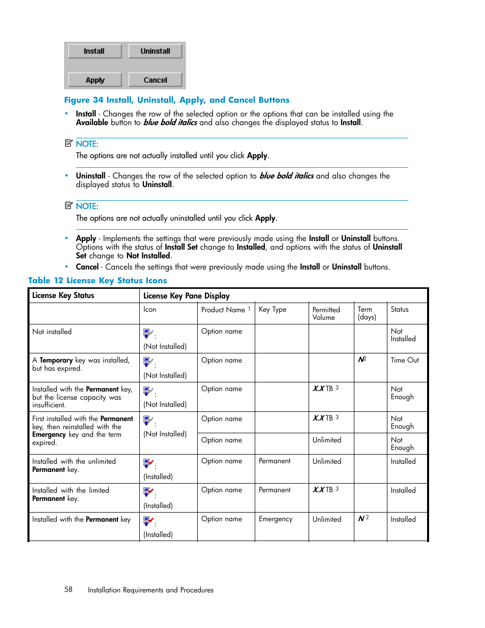 Install, uninstall, apply, and cancel buttons, License key status icons, Figure 34 | HP StorageWorks XP10000 Disk Array User Manual | Page 58 / 178