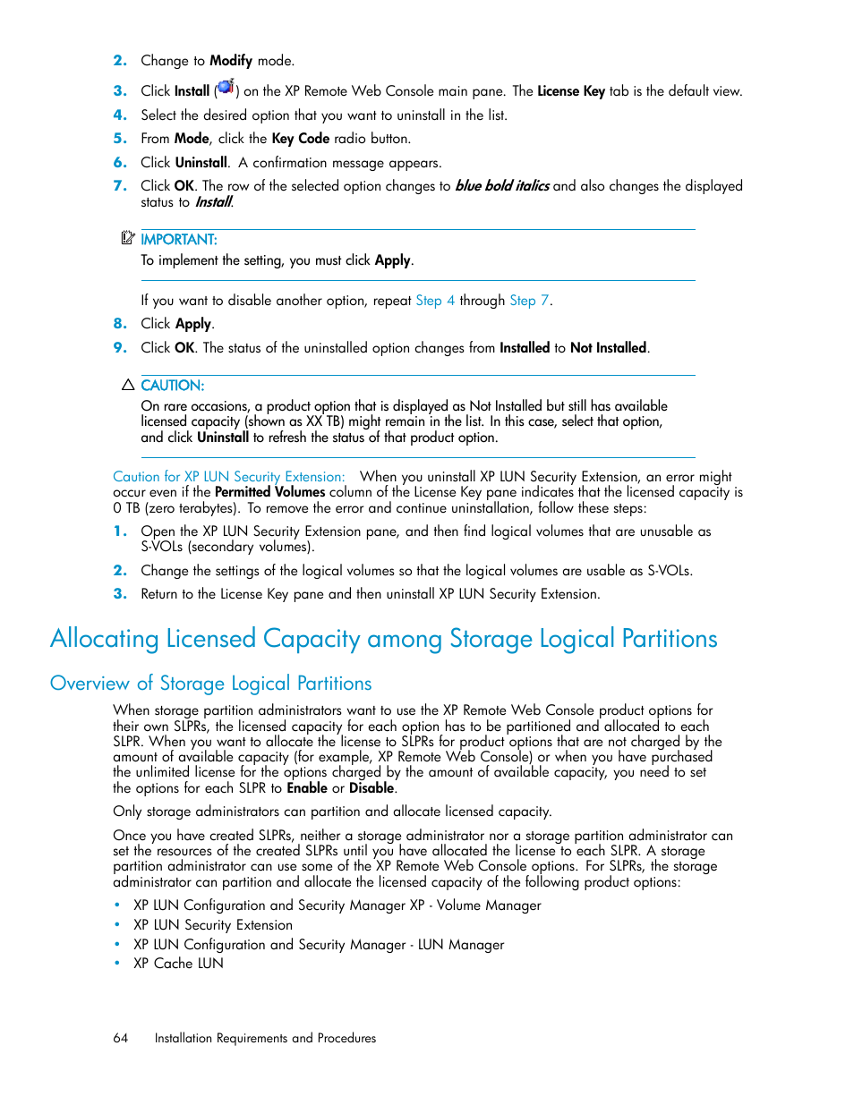 Allocating licensed capacity among stora, Overview of storage logical partitions, Allocating licensed capacity | Among storage logical partitions, Allocating licensed, Capacity among storage logical partitions | HP StorageWorks XP10000 Disk Array User Manual | Page 64 / 178