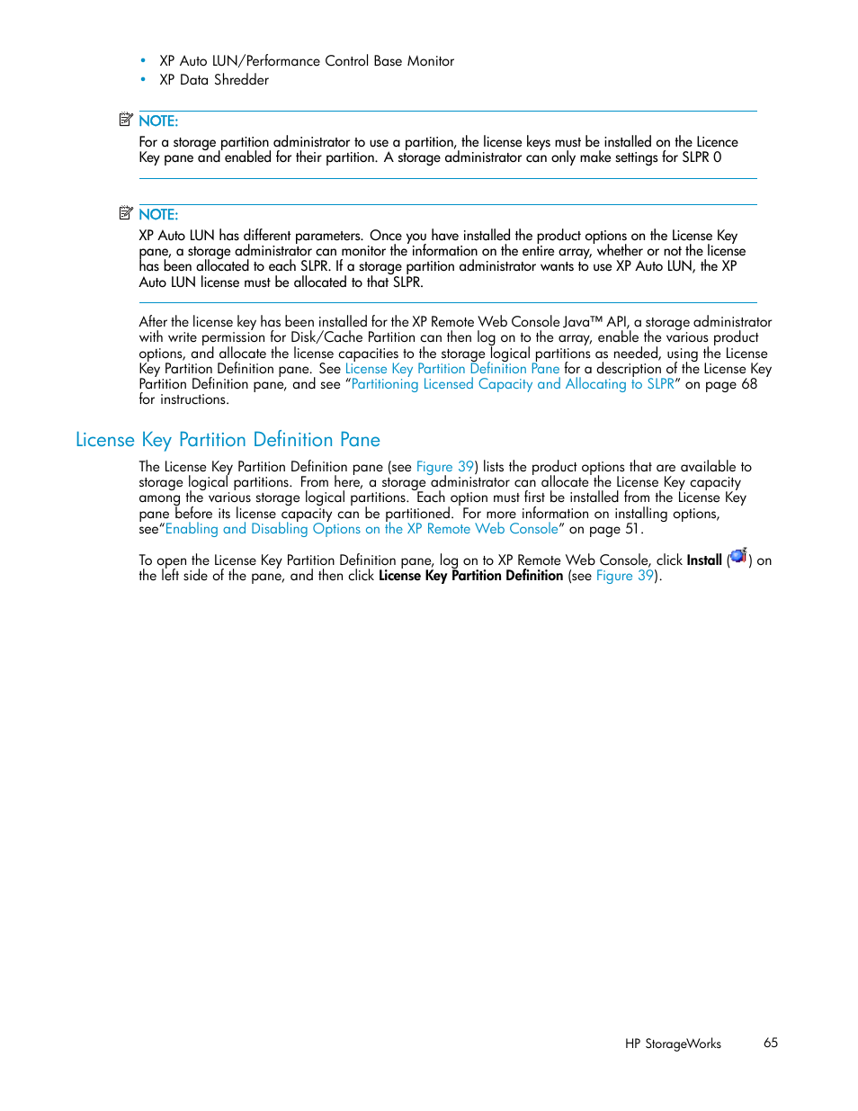 License key partition deﬁnition pane | HP StorageWorks XP10000 Disk Array User Manual | Page 65 / 178