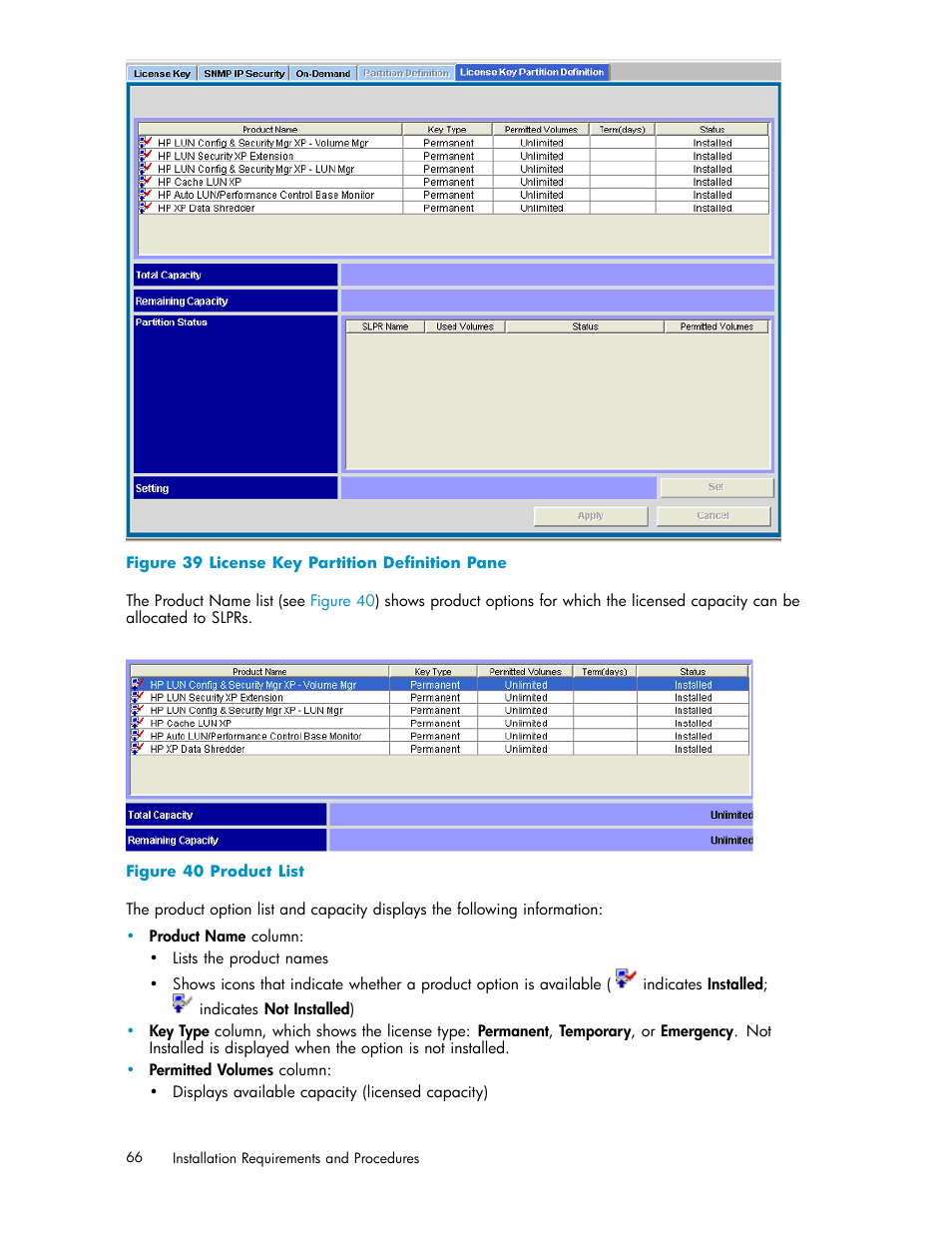 39 license key partition deﬁnition pane, 40 product list, Figure 39 | HP StorageWorks XP10000 Disk Array User Manual | Page 66 / 178