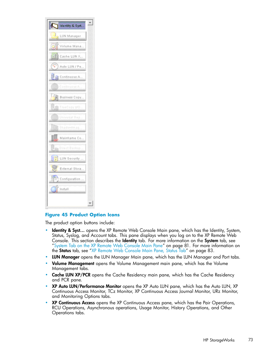 45 product option icons | HP StorageWorks XP10000 Disk Array User Manual | Page 73 / 178