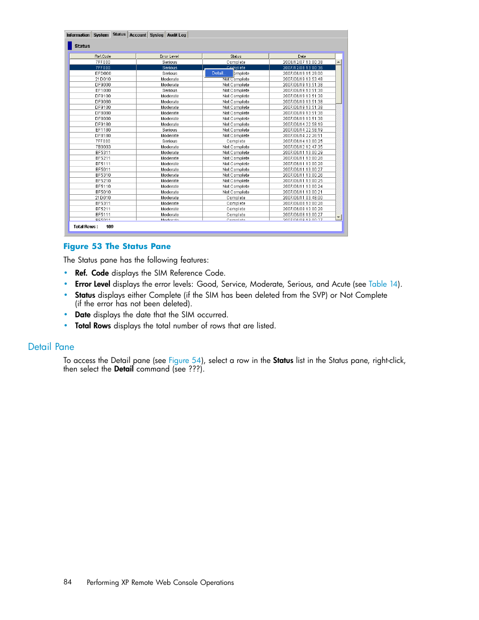 Detail pane, 53 the status pane | HP StorageWorks XP10000 Disk Array User Manual | Page 84 / 178