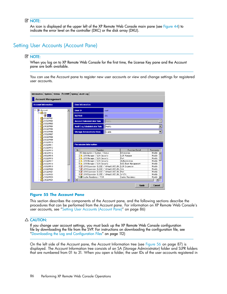 Setting user accounts (account pane), 55 the account pane | HP StorageWorks XP10000 Disk Array User Manual | Page 86 / 178