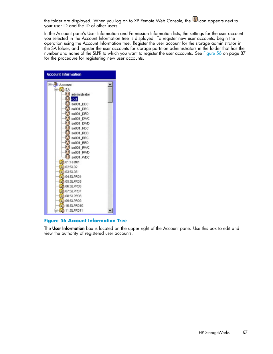 56 account information tree, Figure 56 | HP StorageWorks XP10000 Disk Array User Manual | Page 87 / 178