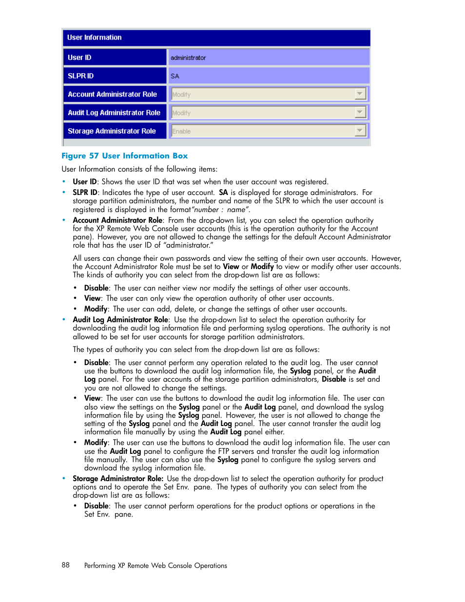 57 user information box | HP StorageWorks XP10000 Disk Array User Manual | Page 88 / 178