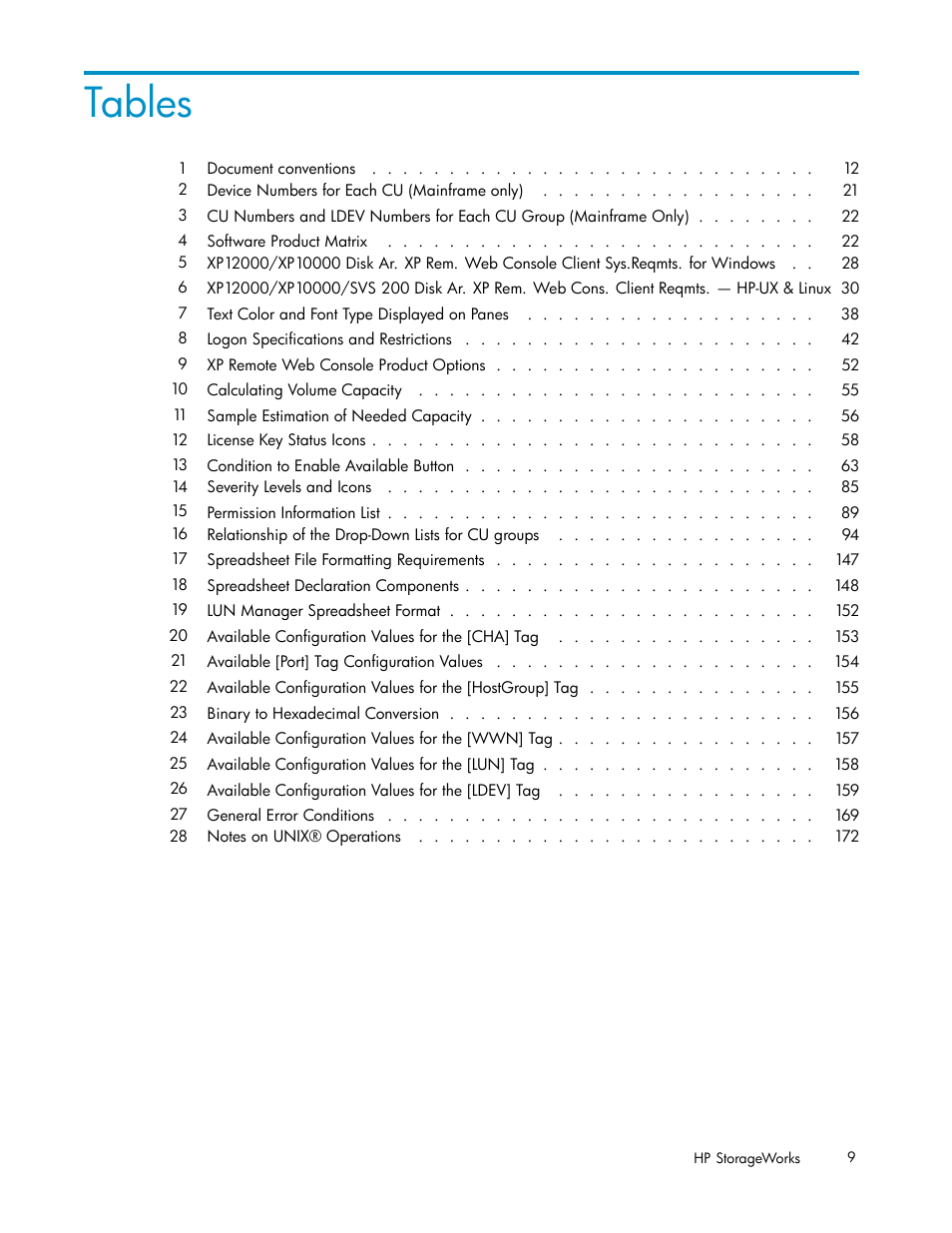 Tables | HP StorageWorks XP10000 Disk Array User Manual | Page 9 / 178