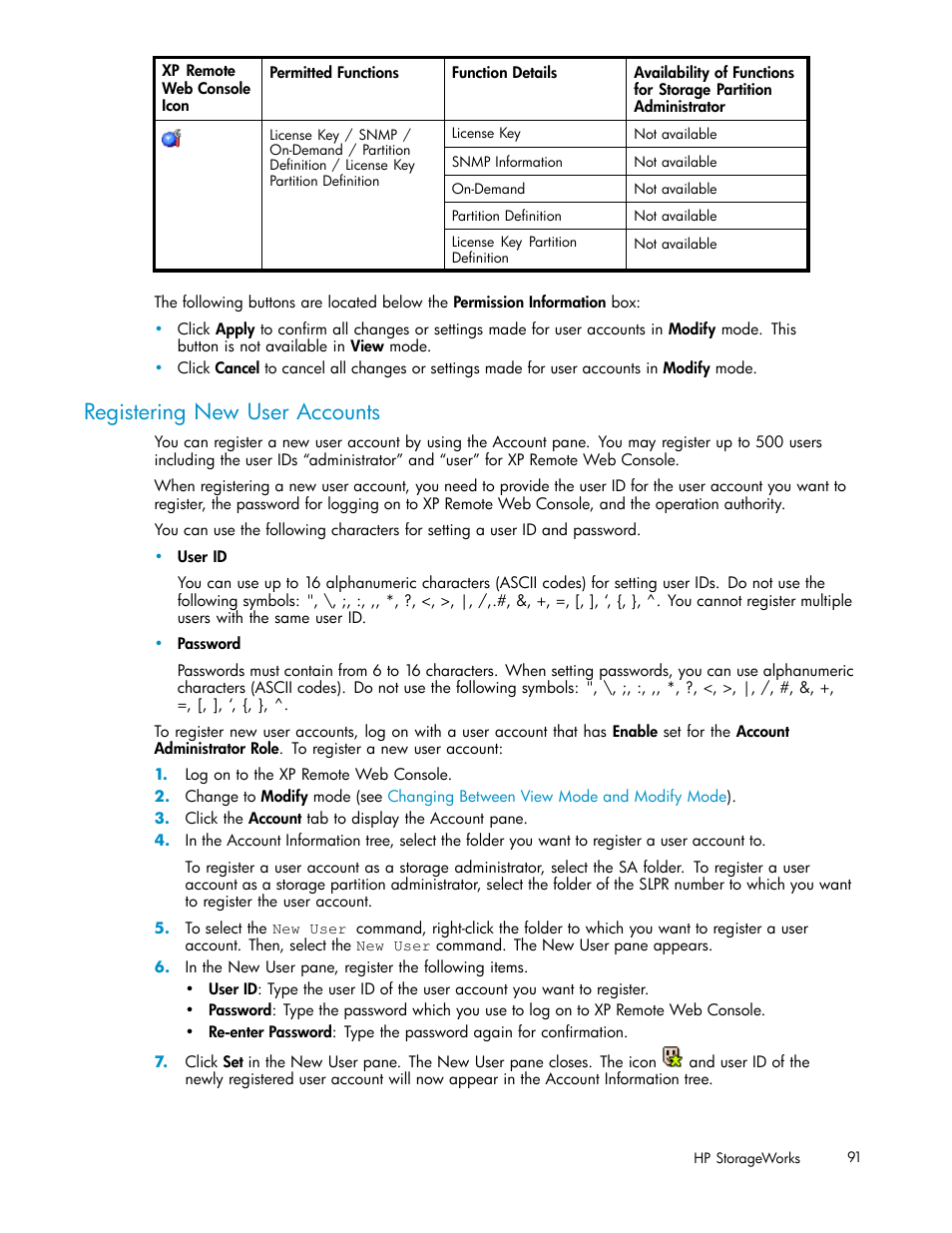 Registering new user accounts | HP StorageWorks XP10000 Disk Array User Manual | Page 91 / 178