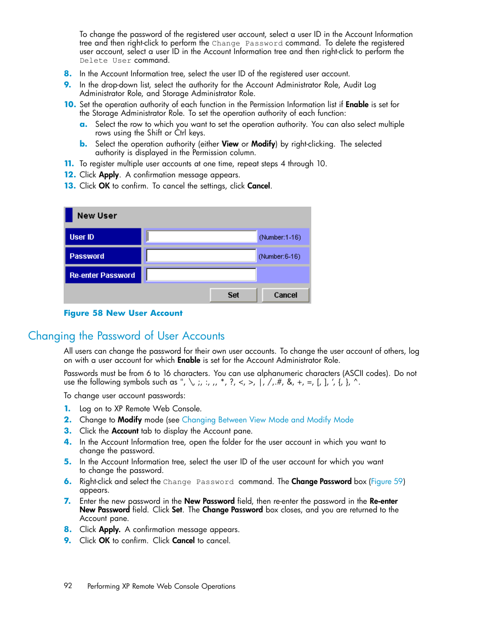 Changing the password of user accounts, 58 new user account | HP StorageWorks XP10000 Disk Array User Manual | Page 92 / 178