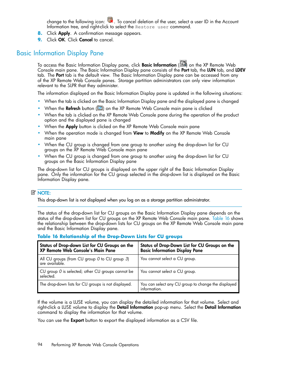 Basic information display pane, Relationship of the drop-down lists for cu groups | HP StorageWorks XP10000 Disk Array User Manual | Page 94 / 178