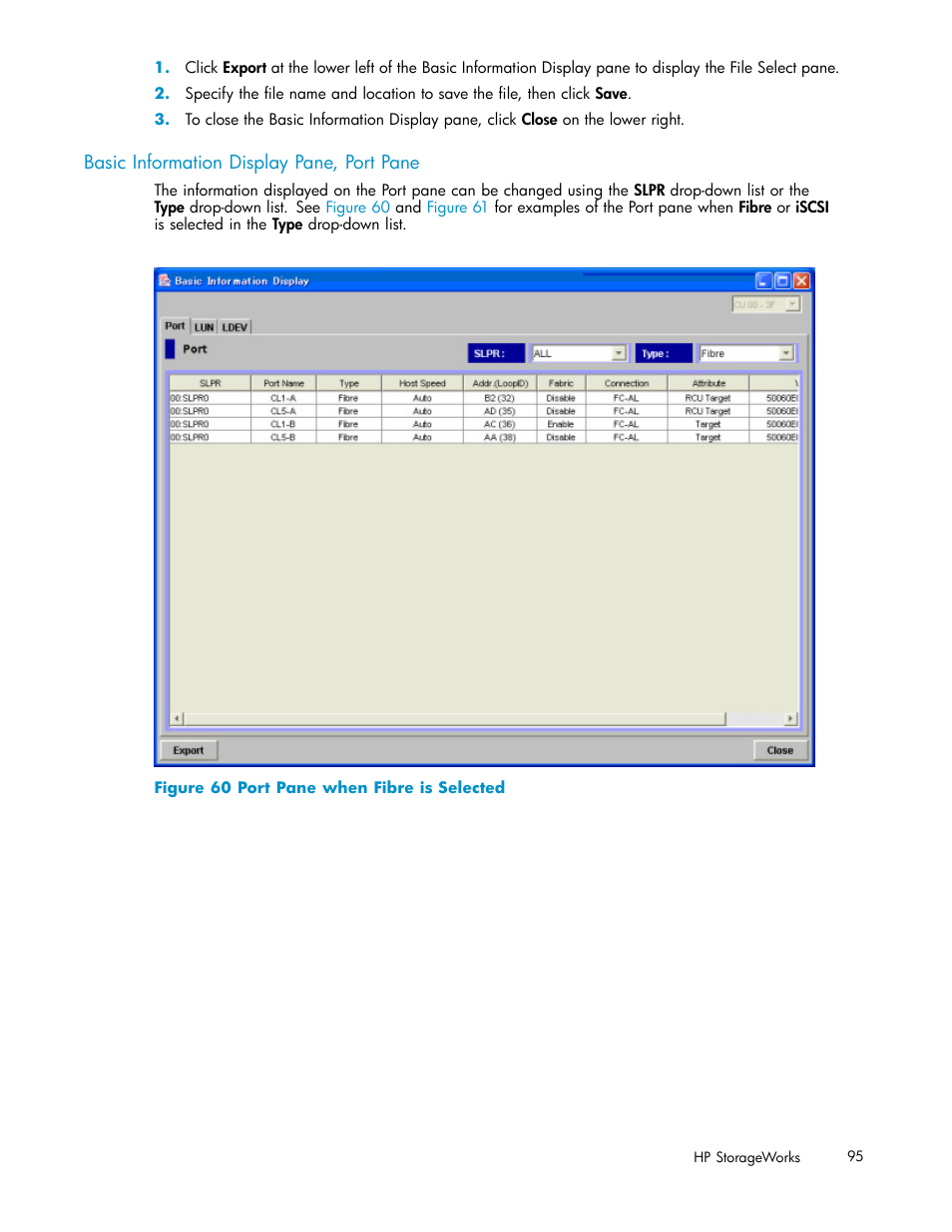 Basic information display pane, port pan, Basic information display pane, port pane, 60 port pane when fibre is selected | HP StorageWorks XP10000 Disk Array User Manual | Page 95 / 178