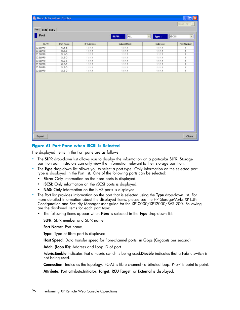 61 port pane when iscsi is selected | HP StorageWorks XP10000 Disk Array User Manual | Page 96 / 178
