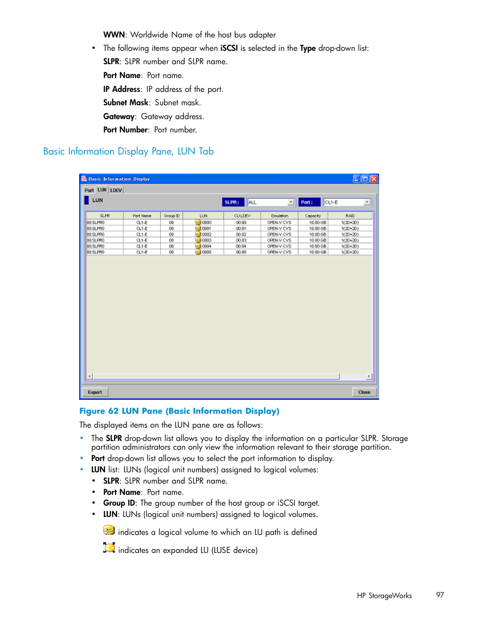 Basic information display pane, lun tab, 62 lun pane (basic information display) | HP StorageWorks XP10000 Disk Array User Manual | Page 97 / 178