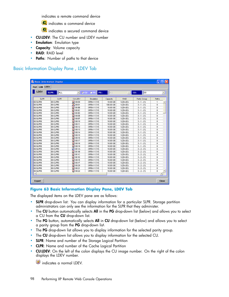 Basic information display pane , ldev ta, Basic information display pane , ldev tab, 63 basic information display pane, ldev tab | HP StorageWorks XP10000 Disk Array User Manual | Page 98 / 178