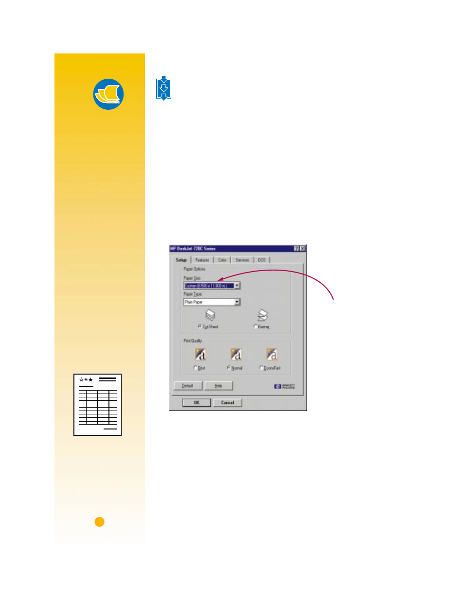 How to print on different paper sizes, 1 in the hp print settings dialog box, click the s, Paper pointers | HP Deskjet 720c Printer User Manual | Page 18 / 66