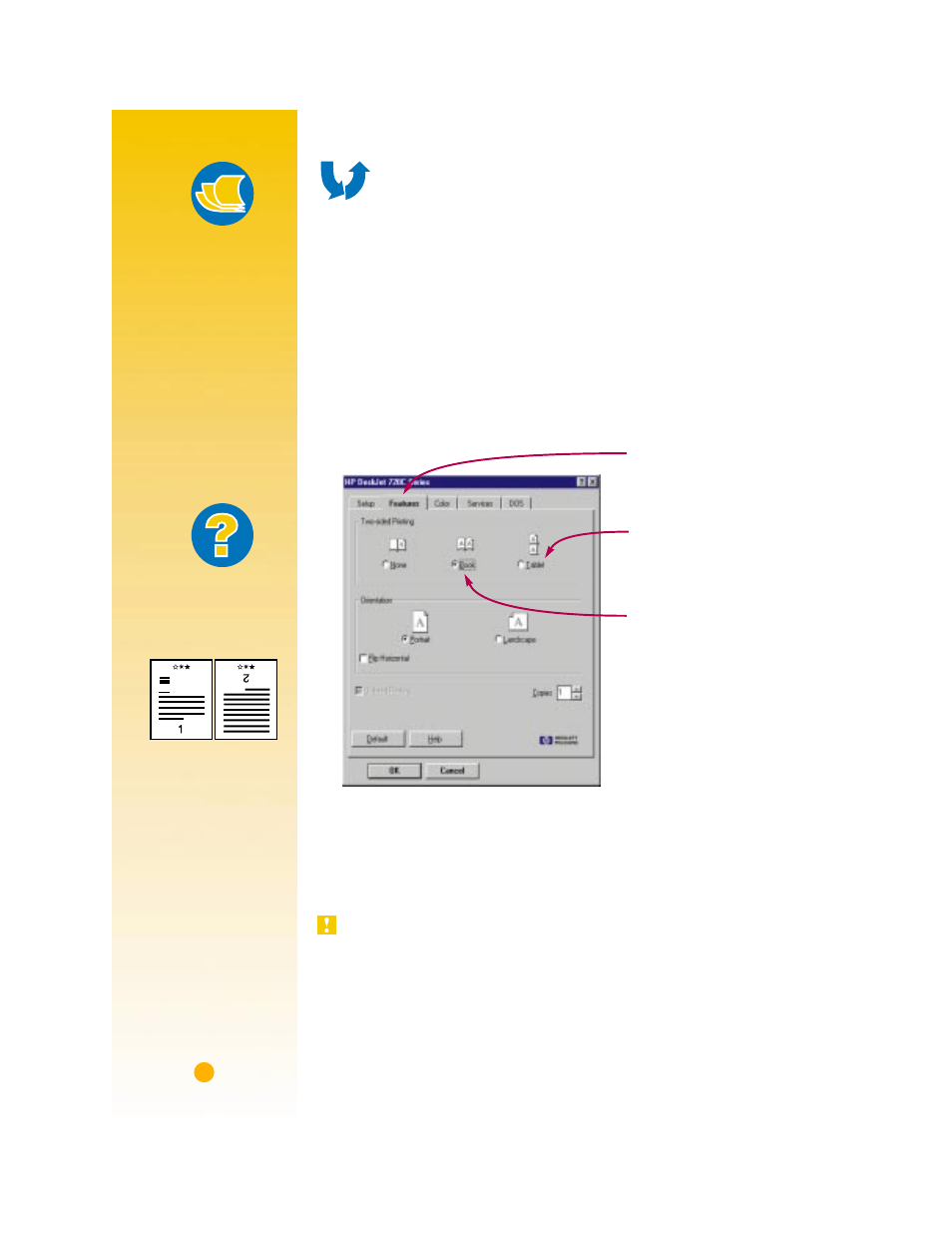 How to print on both sides of the paper, 1 load the paper in the in drawer, 2 in the hp print settings box, click the features | 3 then click book or tablet, 4 print your document, Paper pointers, What if | HP Deskjet 720c Printer User Manual | Page 20 / 66