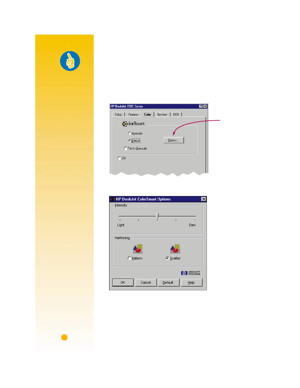 Adjusting the color, 1 in the hp print settings dialog box, click the c, 2 change the intensity or halftoning settings | Handy hints | HP Deskjet 720c Printer User Manual | Page 24 / 66