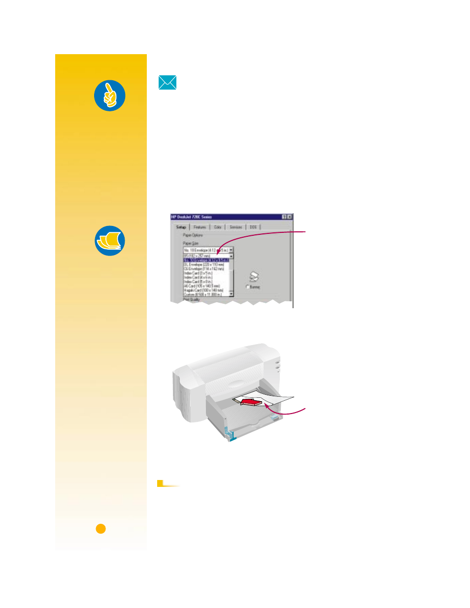 Envelopes, How to print a single envelope, 1 in the hp print settings box, click the setup ta | 2 slide the envelope into the single-envelope slot, 3 print the envelope, Handy hints, Paper pointers, Nvelopes | HP Deskjet 720c Printer User Manual | Page 37 / 66