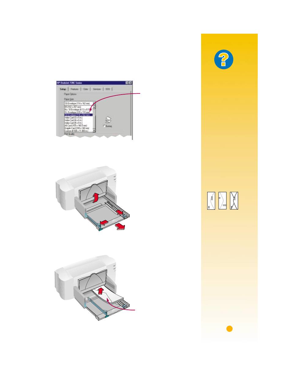 How to print a stack of envelopes, 1 in the hp print settings box, click the setup ta, 2 slide both of the paper adjusters out | 3 put a stack of up to 15 envelopes in the printer, What if | HP Deskjet 720c Printer User Manual | Page 38 / 66