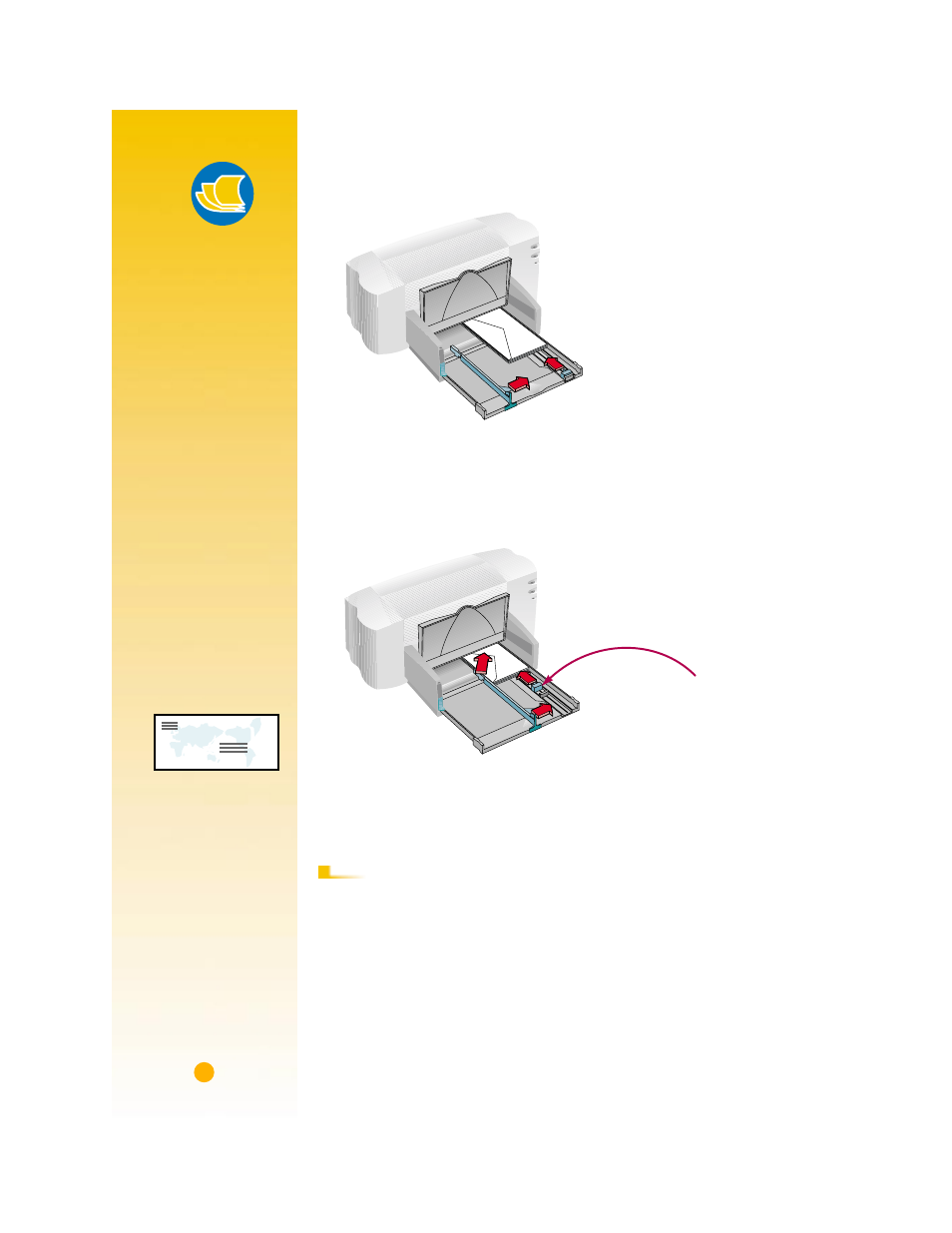 4 slide the paper adjusters so that they fit snugl, Small envelopes, 5 push the in drawer back in and flip the out tray | 6 print the envelopes, Paper pointers | HP Deskjet 720c Printer User Manual | Page 39 / 66