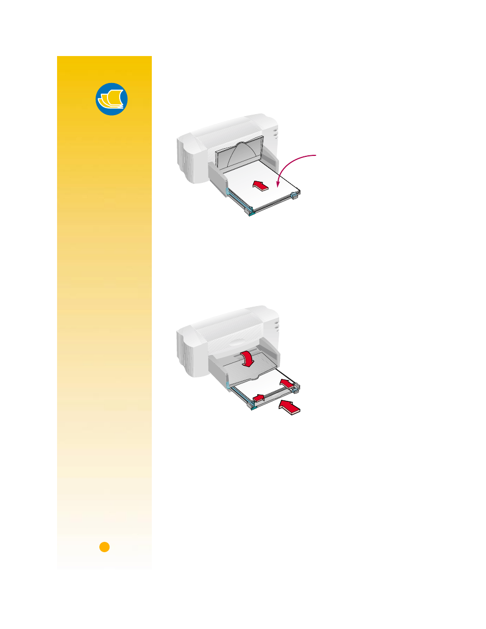 3 put the paper in the in drawer, print side down, 4 slide the paper adjusters in so they fit snugly, 5 push the paper drawer back in and flip the out t | Paper pointers | HP Deskjet 720c Printer User Manual | Page 8 / 66