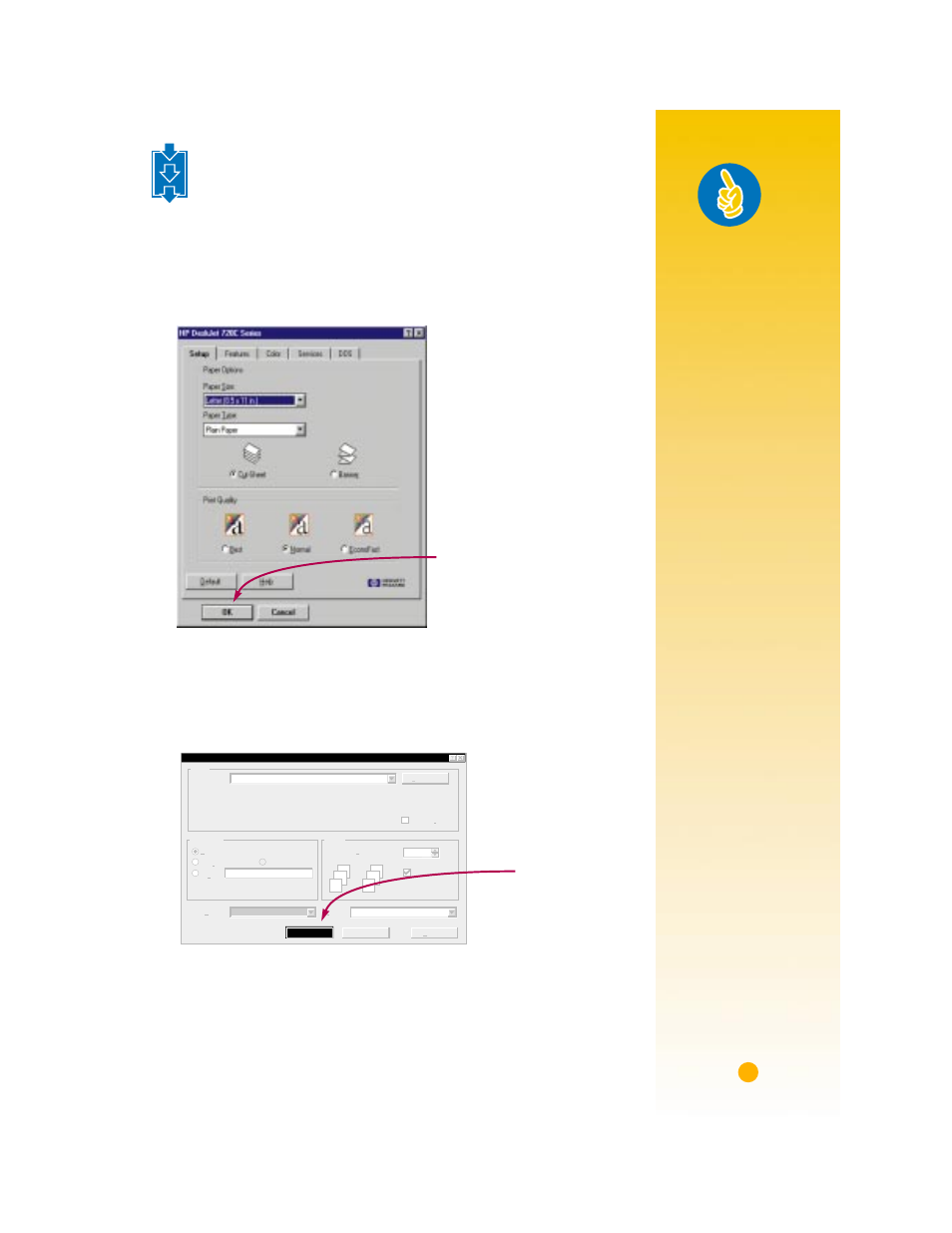 How to print, 1 check your print settings in the hp print settin, 2 click ok in the hp print settings box to save yo | 3 click ok in the print box of your software progr, Handy hints, Rint 1, Print, File | HP Deskjet 720c Printer User Manual | Page 9 / 66