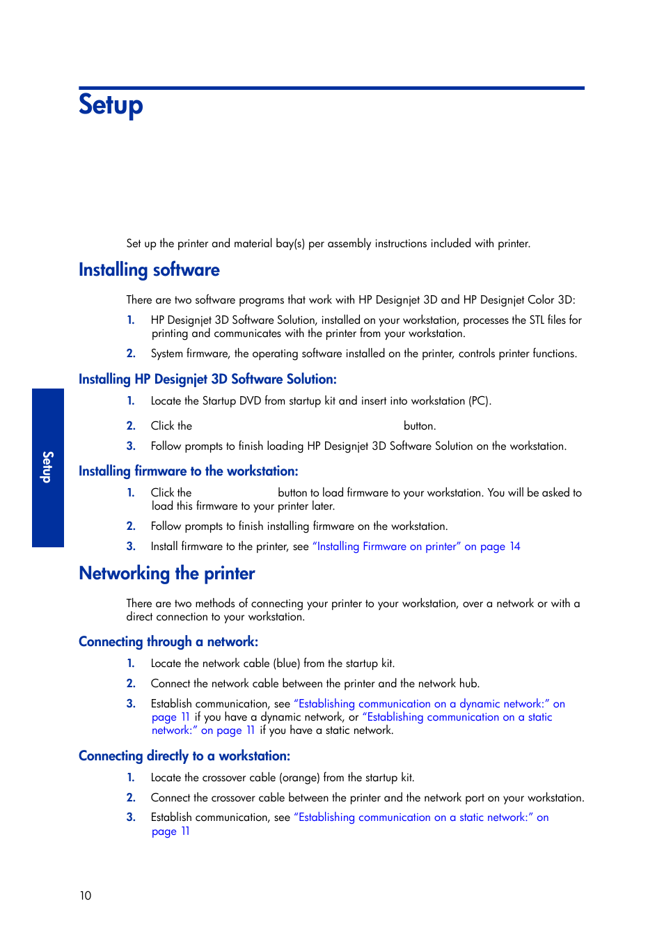 Setup, Installing software, Installing hp designjet 3d software solution | Installing firmware to the workstation, Networking the printer, Connecting through a network, Connecting directly to a workstation, 3 setup, Installing software networking the printer | HP Designjet 3D Printer series User Manual | Page 14 / 75