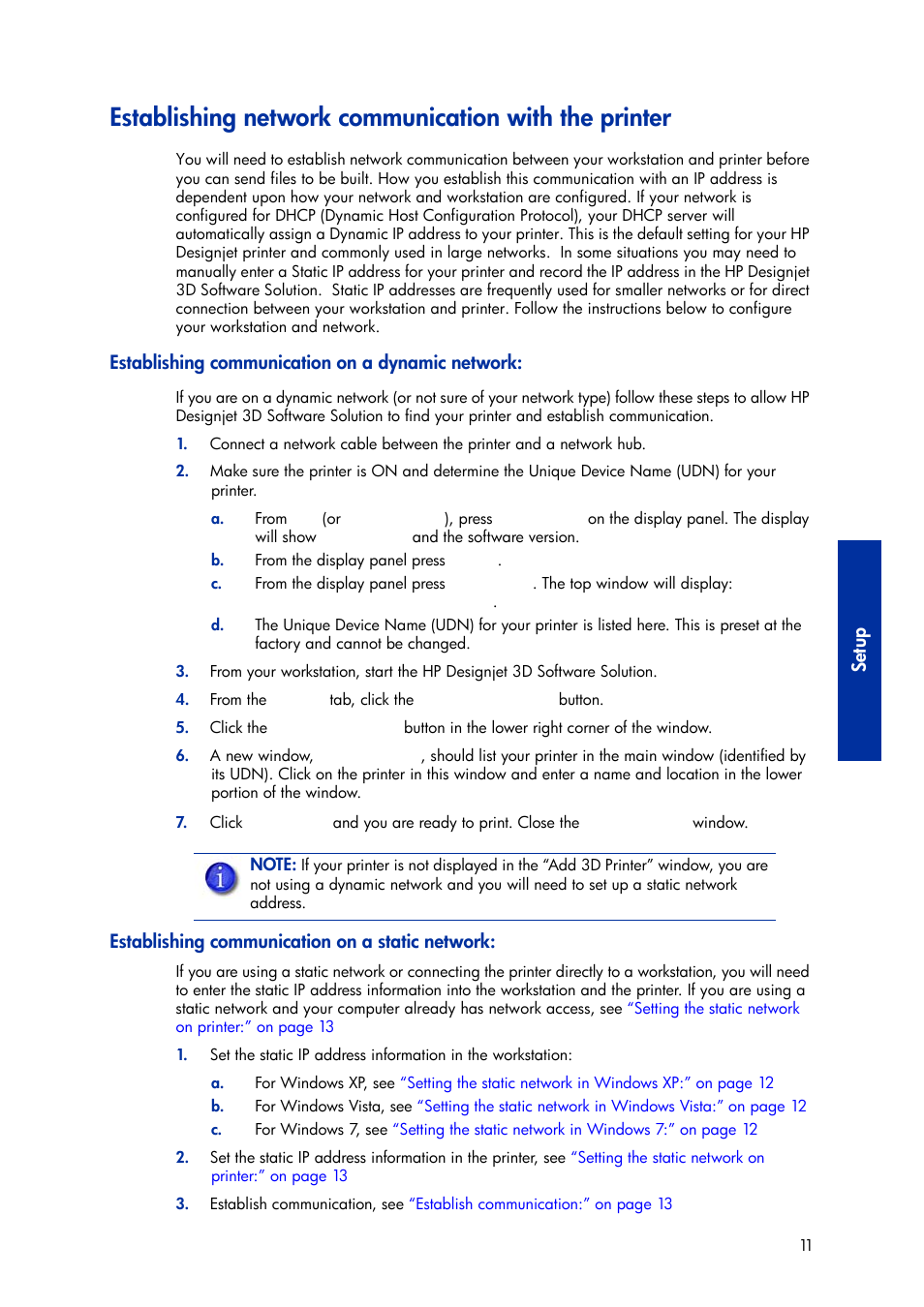 Establishing communication on a dynamic network, Establishing communication on a static network, Establishing communication on a static | Setup | HP Designjet 3D Printer series User Manual | Page 15 / 75