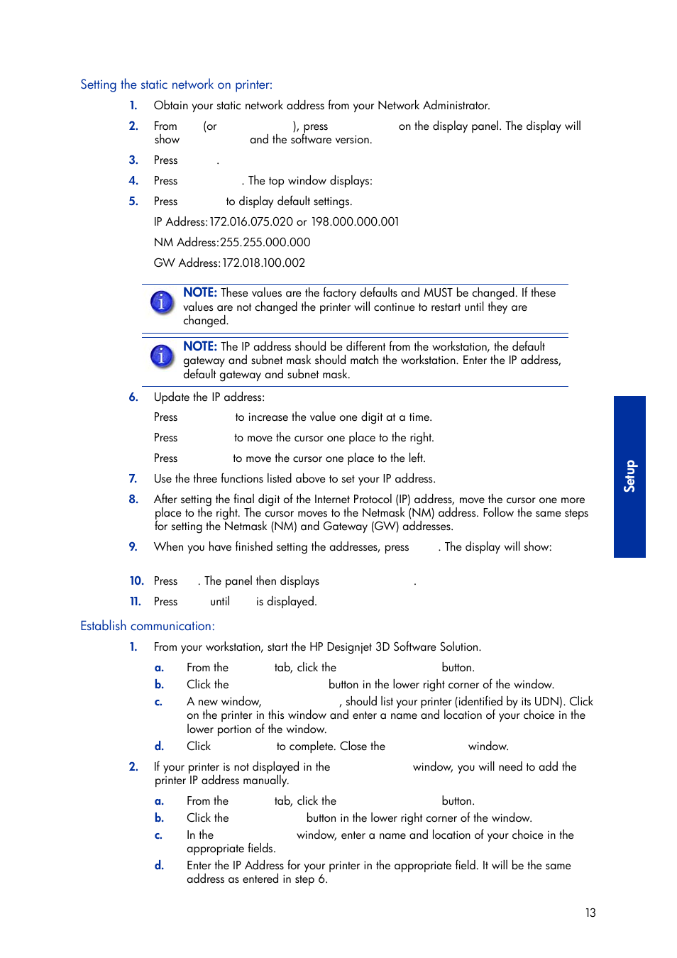 Setting the static network, Setting the static network on, Setup | HP Designjet 3D Printer series User Manual | Page 17 / 75