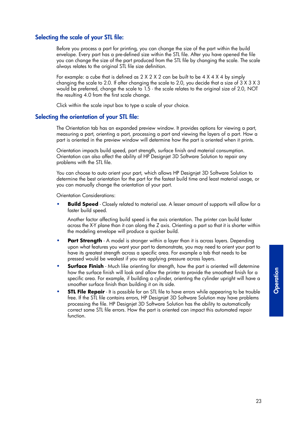 Selecting the scale of your stl file, Selecting the orientation of your stl file | HP Designjet 3D Printer series User Manual | Page 27 / 75