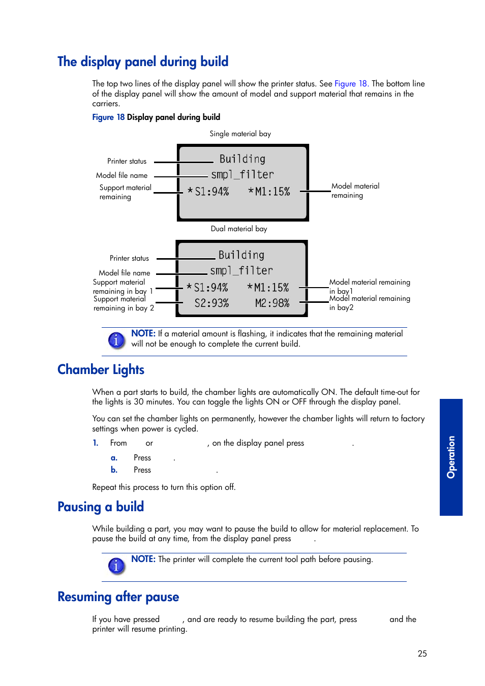 The display panel during build, Chamber lights, Pausing a build | Resuming after pause | HP Designjet 3D Printer series User Manual | Page 29 / 75
