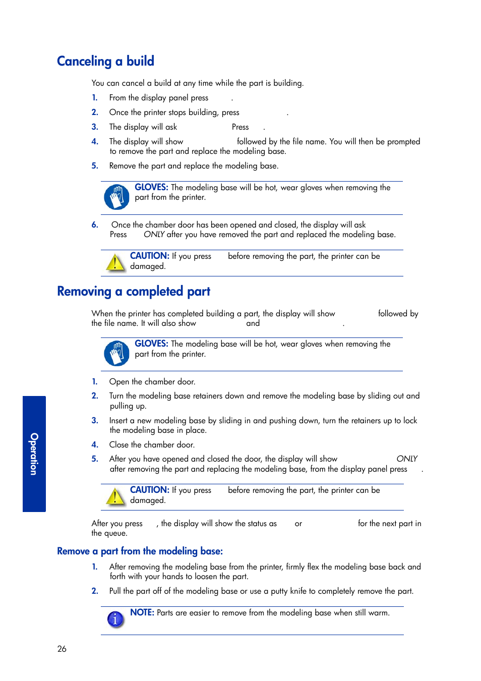 Canceling a build, Removing a completed part, Remove a part from the modeling base | Canceling a build removing a completed part | HP Designjet 3D Printer series User Manual | Page 30 / 75