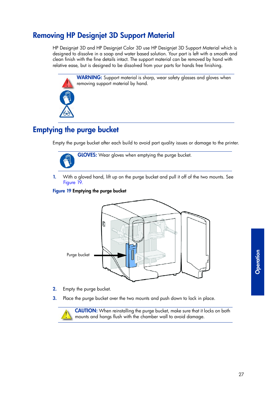 Removing hp designjet 3d support material, Emptying the purge bucket | HP Designjet 3D Printer series User Manual | Page 31 / 75