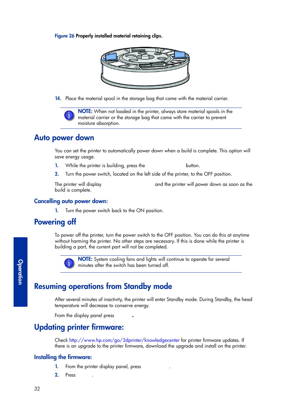 Auto power down, Cancelling auto power down, Powering off | Resuming operations from standby mode, Updating printer firmware, Installing the firmware, Figure 26 | HP Designjet 3D Printer series User Manual | Page 36 / 75