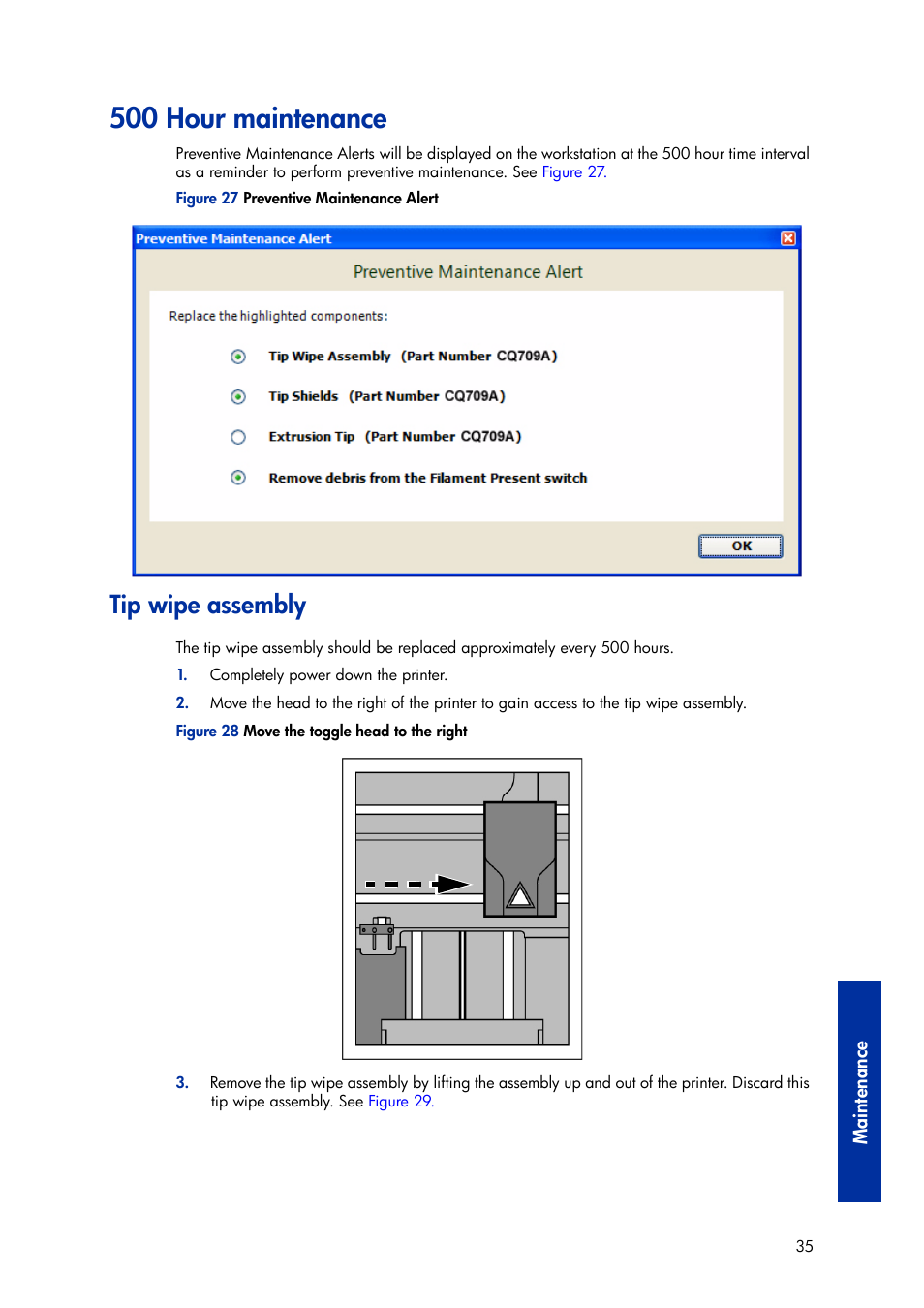 Tip wipe assembly, 500 hour maintenance | HP Designjet 3D Printer series User Manual | Page 39 / 75