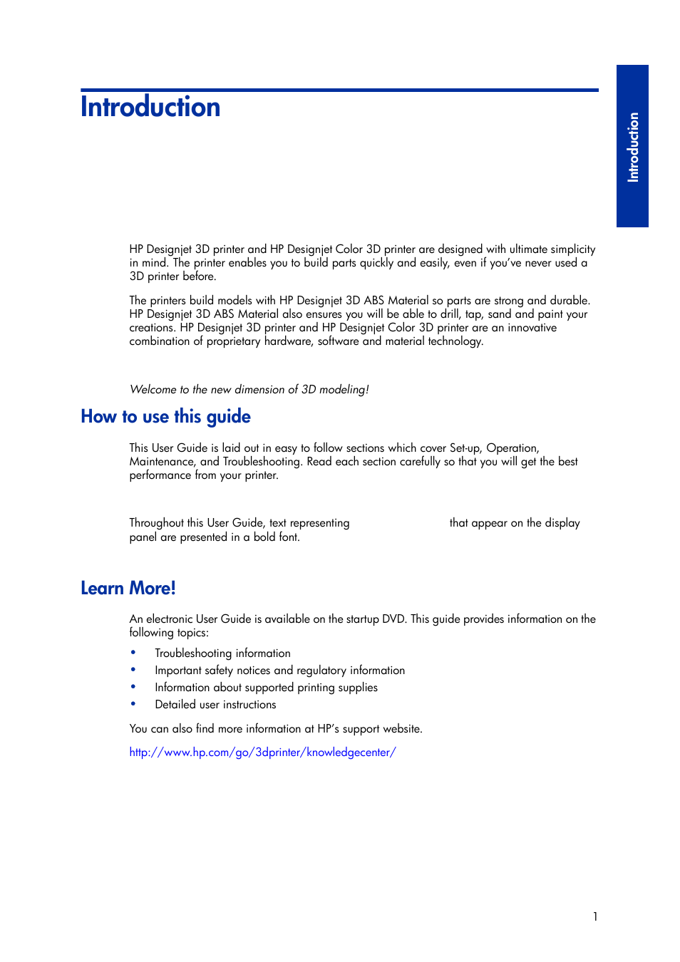 Introduction, How to use this guide, Learn more | 1 introduction, How to use this guide learn more | HP Designjet 3D Printer series User Manual | Page 5 / 75